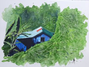 Aquarelle originale de Bertrand Rouby : paysage tropical une case créole typique de la Guadeloupe au milieu d'une végétation luxuriante