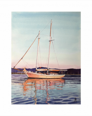 Edition numérotée d'une oeuvre originale de l'aquarelliste Bertrand Rouby : voilier au mouillage devant une île des Antilles