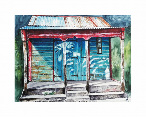Tirage numéroté d'une aquarelle du peintre de Marie-Galante Bertrand Rouby : petite maison créole de Guadeloupe