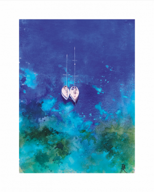 Reproduction en série limitée de l'aquarelle La crique : 2 voiliers au mouillage sur les fonds coraliens de Marie-Galante