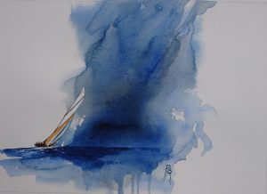 Aquarelle marine de Bertrand Rouby : voilier sous un ciel chargé en Guadeloupe