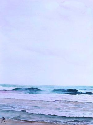 Oeuvre originale réalisée par Bertrand Rouby à l'aquarelle à Marie-Galante : une vague déferle sur la plage