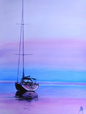 Oeuvre originale de Bertrand Rouby , peintre de Marie-Galante : voilier au mouillage avec un ciel rose, réalisé à l'aquarelle