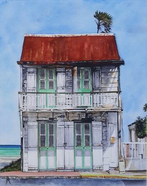 Aquarelle originale de Bertrand Rouby : Vieille maison en bois de Capesterre de Marie-Galante, en bord de mer, devenue iconique