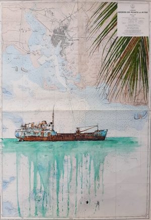 Aquarelle sur authentique carte marine de la Guadeloupe, à vendre, vieux cargot rouillé au mouillage dans la baie de Pointe-à-Pitre, réalisé par le peintre Bertrand Rouby