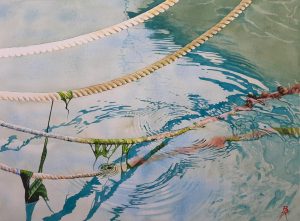 Aquarelle originale de Bertrand Rouby : paysage marin, reflets de cordages dans le port de Grand-Bourg à Marie-Galante