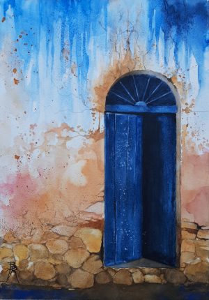 Aquarelle d'une vieille porte bleue dans un mur abîmé avec des coulures et des taches d'humidité, réalisée par le peintre Bertrand Rouby