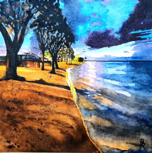 Paysage marin, sur la plage en Guadeloupe au crépuscule. Aquarelle originale réalisée par Bertrand Rouby, peintre de Marie-Galante