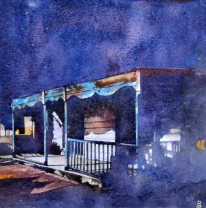 Aquarelle originale, en vente, d'une vieille case créole typique de Marie-Galante la nuit, réalisée par le peintre Bertrand Rouby