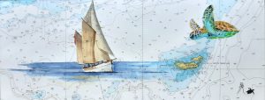 Peinture sur véritable carte marine de la Guadeloupe, vieux gréements et tortue autour de l'île de Petite Terre, peinte par Bertrand Rouby, aquarelliste à Marie-Galante
