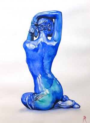 Aquarelle originale de Bertrand Rouby, sculpture en bronze bleu d'une jeune femme assise de dos qui s'attache les cheveux