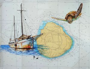 Aquarelle originale sur une authentique carte marine de Marie-Galante, d'un vieux bateau au mouillage et d'une tortue, réalisée par Bertrand Rouby, en vente dans la boutique