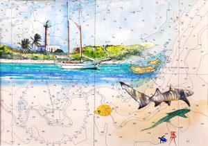 Aquarelle originale réalisée par le peintre Bertrand Rouby sur une authentique carte marine des Iles de Petite Terre en Guadeloupe, avec un voilier au mouillage devant le phare et un requin citron, à vendre dans la boutique en ligne