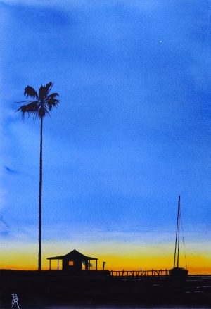 Aquarelle originale en vente sur le site, d'un ciel de soleil couchant avec les silhouettes en contre-jour d'une case créole au bord de la mer, d'un ponton et d'un voilier amarré, d'une femme qui regarde vers l'horizon, debout devant la case et d'un grand palmier derrière la case, réalisée par l'artiste peintre de Marie-Galante Bertrand Rouby