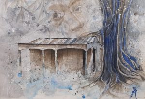 Aquarelle originale d'une vieille case créole de Guadeloupe aux couleurs sepia avec un arbre plein de racines et un visage en filigrane au-dessus de la case
