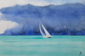 Aquarelle originale d'un voilier navigant sous un ciel sombre chargé de gros nuages sur une mer de couleur claire, peinte par Bertrand Rouby, artiste peintre aquarelliste à Marie-Galante en Guadeloupe