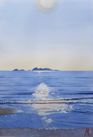 Aquarelle originale en vente d'un paysage marin de Marie-Galante, les reflets du soleil sur la mer en fin d'après-midi sur une plage, avec l'archipel des Saintes à l'horizon, réalisée par le peintre de Guadeloupe Bertrand Rouby