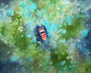 Aquarelle originale en vente d'un paysage marin de Guadeloupe, un canot de pêcheur au mouillage vu du ciel avec les herbiers et les coraux dans la transparence de l'eau, réalisé par Bertrand Rouby artiste peintre en Guadeloupe à Marie-Galante