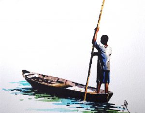 paysage de mer d'un homme qui pousse une pirogue avec une perche, réalisé au marqueur noir et à l'aquarelle par le peintre de Marie-Galante Bertrand, en vente