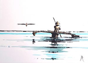 Dessin d'un pêcheur ramant sur une pirogue à balancier sur une lagune avec un pélican qui vole au ras de l'eau, réalisé au marqueur noir et à l'aquarelle par le peintre Bertrand Rouby de Marie-Galante