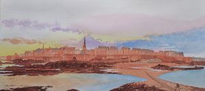 aquarelle originale réalisée par le peintre Bertrand Rouby, d'une vue de Saint-Malo au coucher du soleil, en vente