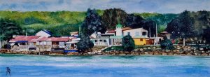 Aquarelle originale de la côte et du phare de Saint-Louis à Marie-Galante vus de la mer, réalisée par le peintre Bertrand Rouby