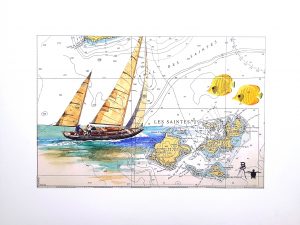 Reproduction d'une aquarelle originale sur carte marine de l'archipel des Saintes en Guadeloupe, avec un voilier en mer et deux petits poissons jaunes, en vente