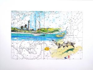 Reproduction d'une aquarelle originale sur carte marine des îles de Petite Terre en Guadeloupe, avec un voilier au mouillage en face du phare et un requin citron, en vente