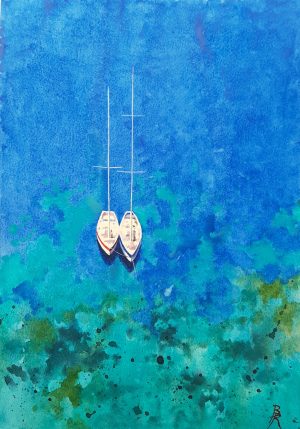 Aquarelle originale de deux voiliers au mouillage bord à bord dans une lagune vus d'en haut avec les taches de couleurs des coraux et des fonds marins par transparence, réalisée par le peintre de Guadeloupe Bertrand Rouby