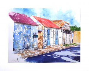 reproduction numérotée d'une aquarelle originale de Bertrand Rouby, d'une ruelle de Grand-Bourg avec des ombres végétales projetées sur les façades des maisons et sur la route, à Marie-Galante en Guadeloupe, en vente