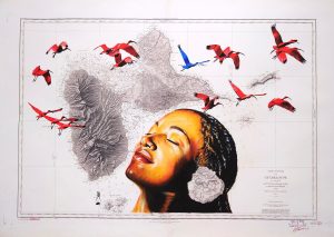 Aquarelle originale sur une authentique carte marine de Guadeloupe, avec un visage de femme levé vers le ciel les yeux fermés, baigné de lumière, et un vol d'ibsi rouge qui passe au-dessus d'elle, tableau à vendre réalisé par le peintre de Guadeloupe Bertrand Rouby