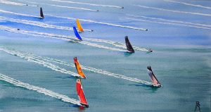 Vue aérienne du départ de la route du Rhum avec des voiliers et leurs voiles multicolores traçant leurs sillages blancs sur la mer vert et bleu, aquarelle originale du peintre de Marie-Galante Bertrand Rouby, en vente sur le site