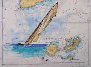 Aquarelle sur une authentique carte marine des Saintes aux Antilles avec un voilier sous voile qui navigue en approche de l'archipel des Saintes, réalisée par le peintre de Marie-Galante Bertrand Rouby
