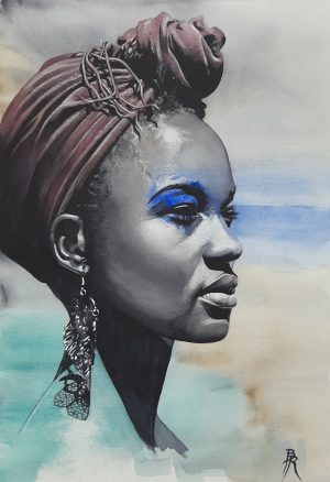 Portrait d'une jeune femme Antillaise avec une coiffe nouée sur la tête, réalisé par le peintre de Guadeloupe Bertrand Rouby