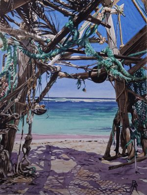 Aquarelle originale d'une plage de Marie-Galante vue de l'intérieur d'une cabane rudimentaire fabriquée avec des morceaux de bois flotté, des vieux cordages et des débris de filets de pêcheurs, réalisée par le peintre de Guadeloupe Bertrand Rouby