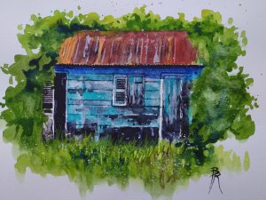 Aquarelle originale en vente d'une vieille case créole au milieu d'une végétation foisonnante qui la recouvre en partie, réalisée par le peintre de Guadeloupe Bertrand Rouby